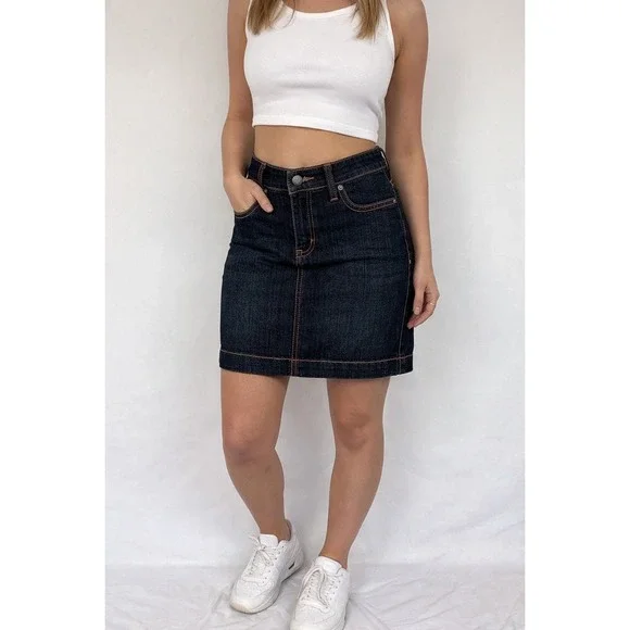 Aura by Wrangler Womens Dark Wash Denim Skirt Orange Stitch 10P Vintage Y2K - Picture 2 of 8